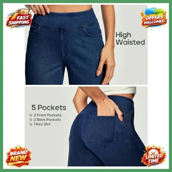 High Waist Wide Leg Pull On Jeans Stretchy Straight Leg Denim Pants